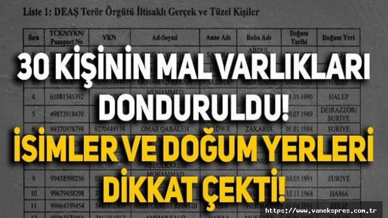 Türkiye'de 30 kişinin mal varlıkları donduruldu